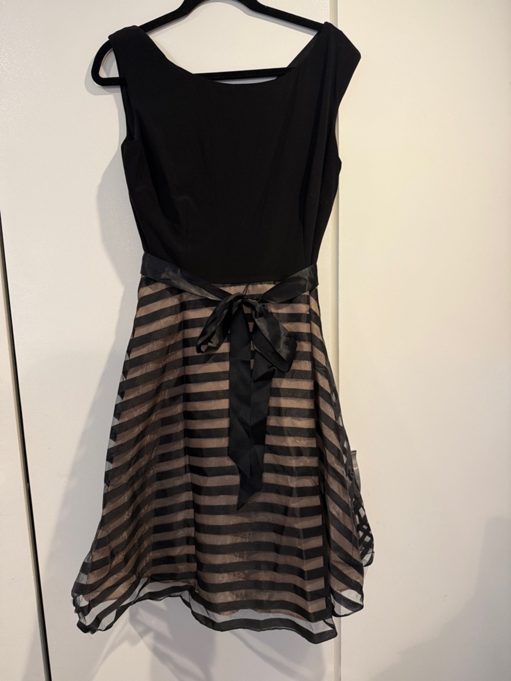 Sleeveless Black Bodice Midi Dress with Taupe-Striped Skirt and Satin Sash